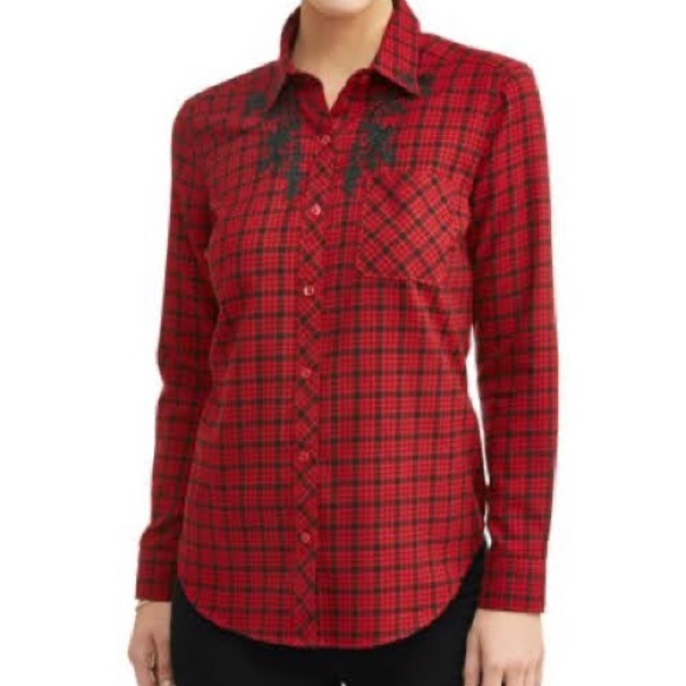 Embroidered Plaid Shirt, Red Plaid